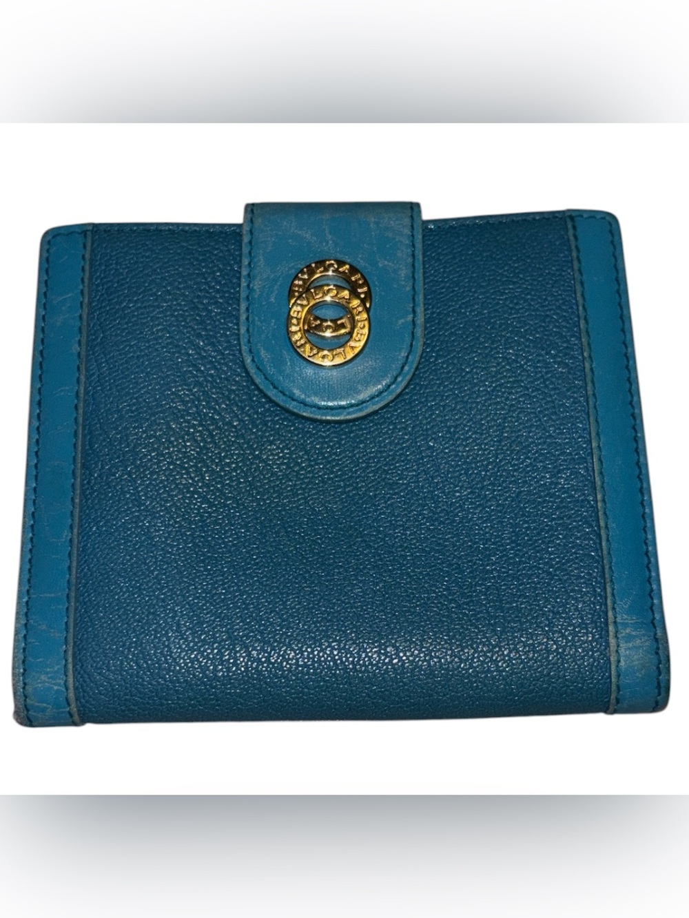 AUTH BVLGARI DOUBLE LOGO COMPACT LEATHER WALLET PREOWNED BOX TEAL BLUE